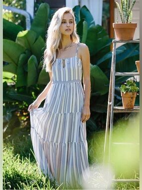 Blue and White Striped Tiered Maxi Dress with Tie Straps